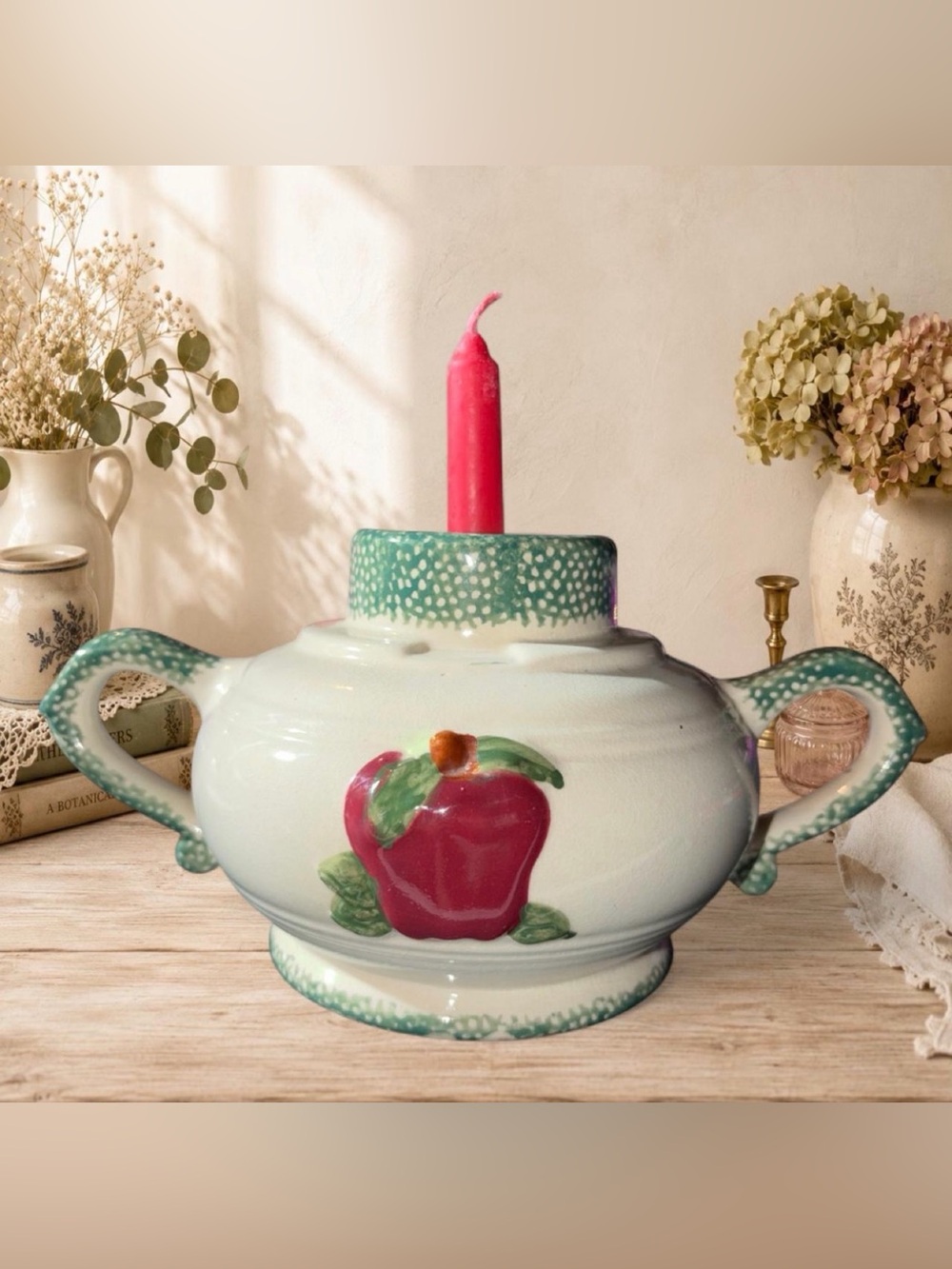 Hand-Painted Ceramic Candle Holder with Pink Apple Motif